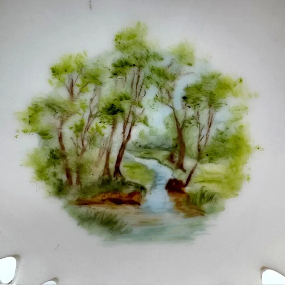 VTG Signed Hand Painted Forest Stream Reticulated Hearts Gold Tone Rim Dish 4"D - Picture 1 of 7
